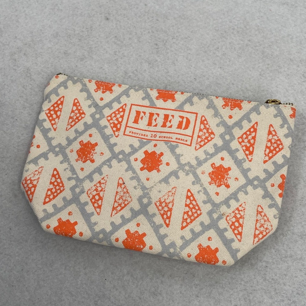 Clarins x FEED Canvas Makeup Bag Orange Grey Geometric Cosmetic Pouch